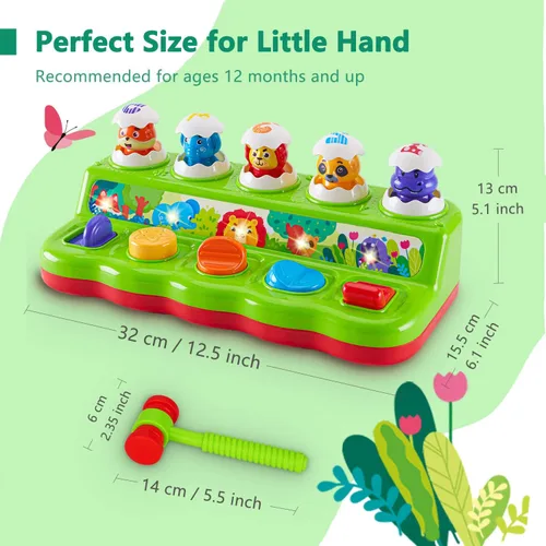 Vista 8 de Juguetes de 1 año para niños y niñas, regalo de cumpleaños, causa y efecto, juguete desplegable de animales con música y luz para niños pequeños