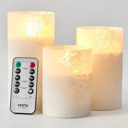 Vista 18 de VENTA Juego de 3 velas de pilar de marfil cálido Velas de cera real operadas por baterías con llama parpadeante Decoración atemporal para todo