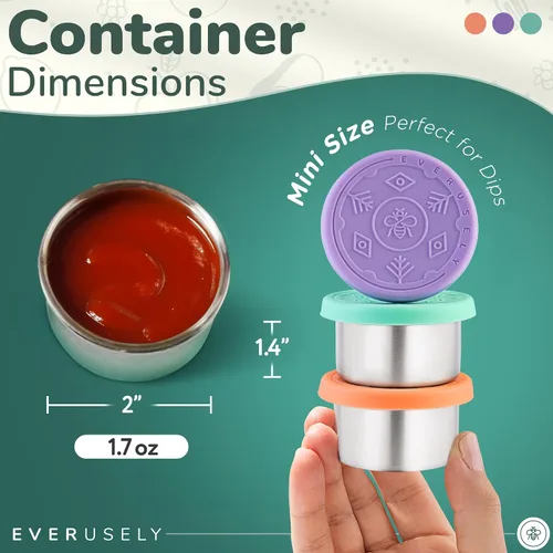 Vista 2 de Everusely Vasos para condimentos – Paquete de 3, 1.7 oz / 1.7 fl oz, brillantes, de acero inoxidable – Recipientes de condimentos con tapas