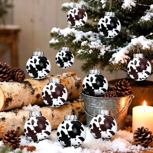 Vista 6 de JULMELON 24 piezas Adornos de esferas de Navidad con impresión de cuero de vaca, adornos de vaca occidentales, esferas colgantes inastillables