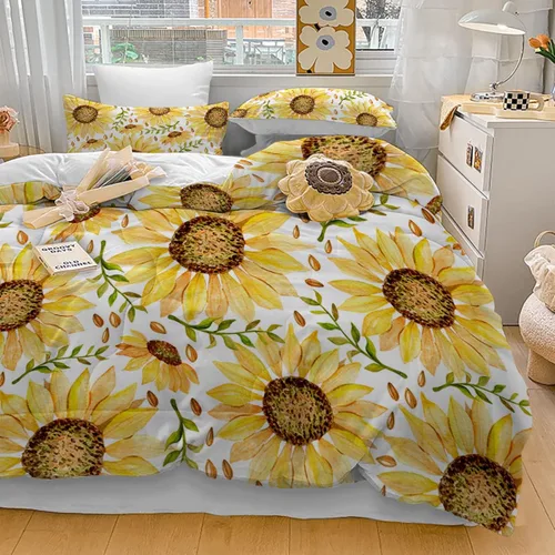 Vista 8 de Juego de edredón suave de lujo con diseño floral de girasol y hojas verdes, 1 edredón y 2 fundas de almohada Hoja verde
