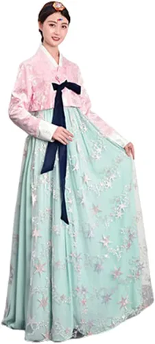 Vista 11 de Vestido Hanbok coreano tradicional coreano, ropa tradicional coreana, trajes nacionales coreanos Azul y verde