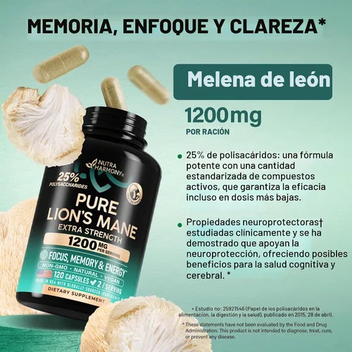 Vista 4 de Cápsulas de suplemento de melena de leones, melena de león orgánica 1200 mg, 120 cápsulas veganas
