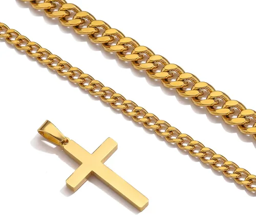 Vista 3 de Zocomi Collar de cruz de acero inoxidable en capas para hombres y niños, cadena de eslabones cubanos colgante de cruz, joyería religiosa regalos