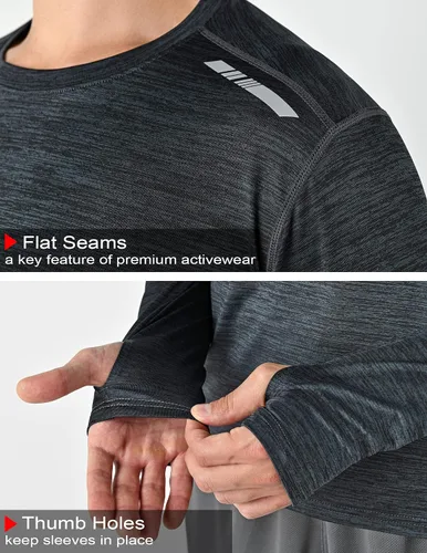 Vista 5 de Paquete de 3 camisetas de manga larga para hombre, ajuste seco, casual, senderismo, rendimiento, atléticas, activas, con agujeros para el pulgar