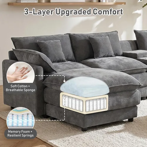 Vista 7 de Sofá modular de gran tamaño de 145 pulgadas, sofá de nube en forma de U, moderno juego de sofá de 6 asientos para sala de estar, cómodo asiento Gris