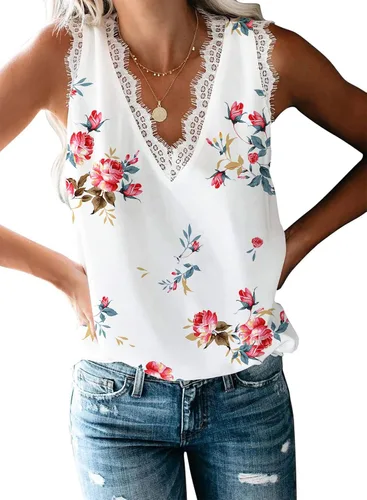 Vista 97 de VIISHOW - Camiseta sin mangas, sexy, con cuello en V y bordes de encaje para mujer, camisola de vestir, camisas de gasa, sin mangas, casuales