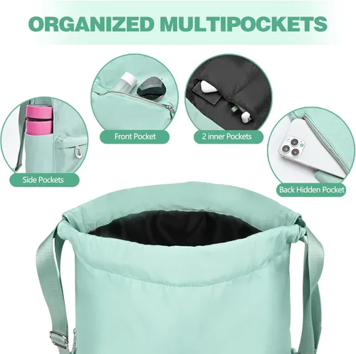 Vista 3 de Mochila con cordón y bolsillo húmedo, mochila de gimnasio resistente al agua, bolsa de cuerda para playa, natación, para mujeres y hombres