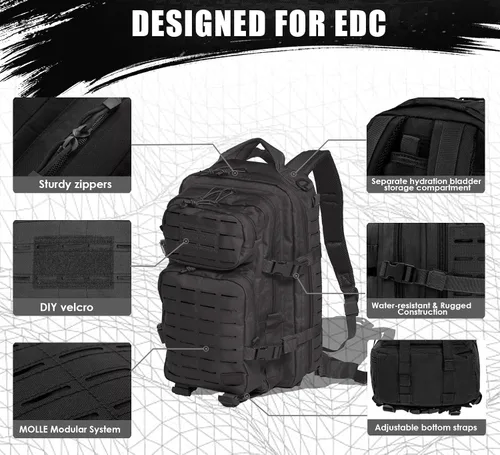 Vista 6 de Mochila táctica militar Miramrax para hombres 35L, pequeña, sistema Molle, resistente al agua, mochila de asalto de 3 días para bolsa de evacuación