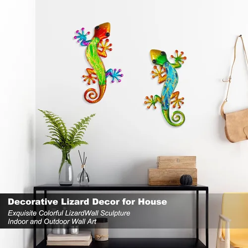 Vista 2 de Arte decorativo de Gecko de pared de metal, 14 pulgadas, paquete de 2 Diseño de escalada 3D, escultura de vidrio decorativa, lagarto colgante