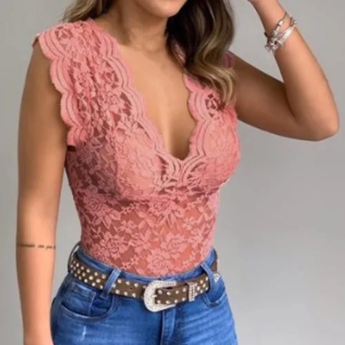 Vista 2 de Camisetas sexys para mujer con ribete de encaje festoneado hueco transparente para noche fiesta club