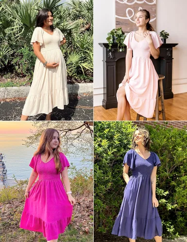 Vista 6 de MEROKEETY Vestido midi casual de verano con cuello en V y mangas fruncidas con volantes y cintura alta con bolsillos