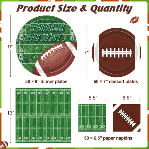 Vista 2 de Juego de suministros para fiesta de fútbol americano – 150 piezas de vajilla, las decoraciones incluyen platos, servilletas para el día del juego