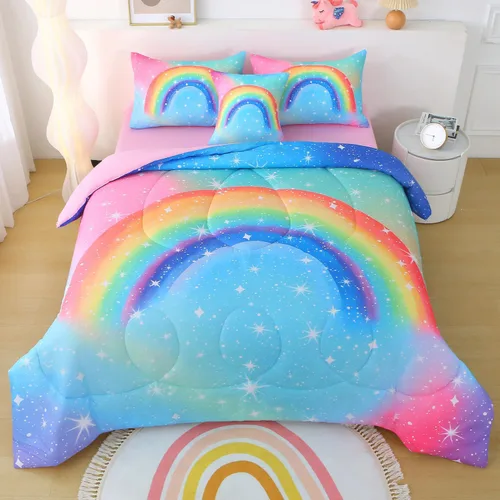 Vista 13 de JQinHome Juego de edredón con purpurina, tamaño individual, juego de ropa de cama en una bolsa de 6 piezas en 3D colorido degradado para niñas
