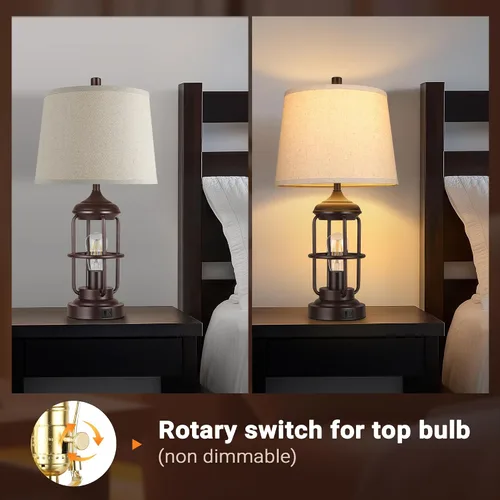 Vista 3 de Qimh Juego de 2 lámparas de mesa para dormitorio con puertos USB A+C, lámpara de mesita de estilo granja con luz nocturna, control táctil regulable