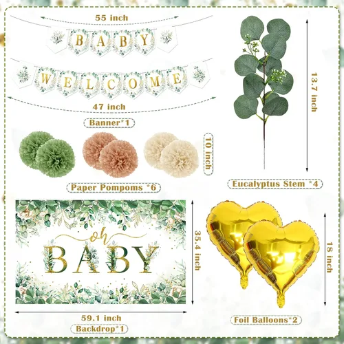 Vista 2 de Decoración de baby shower verde salvia para niñas y niños, 99 piezas, suministros de fiesta neutros con mantel de telón de fondo Oh Baby, kit