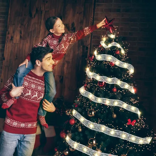 Vista 5 de Vimorg - Decoraciones de Navidad, 6.35 cm x 33 pies, 100 luces LED en forma de cinta para árbol de Navidad con control remoto, luces de hadas de 8
