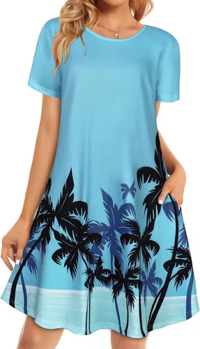 Vista 15 de Vestidos de verano para mujer, informales, holgados, estilo camiseta, florales, de manga corta, con vuelo y bolsillos, para la playa