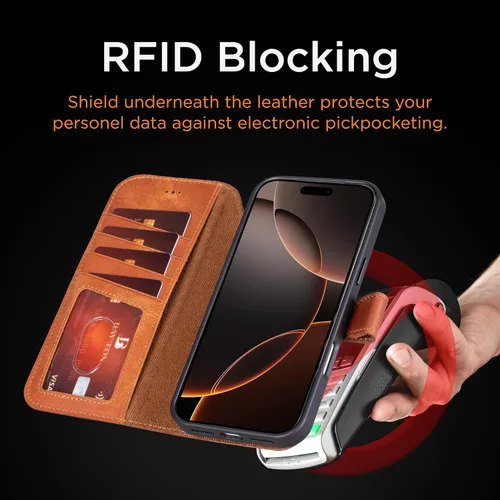 Vista 75 de Bayelon Funda tipo cartera para iPhone 15 Pro, cartera de cuero de grano completo, funda magnética desmontable, tarjetero, funda tipo cartera