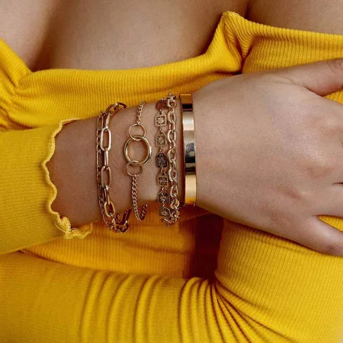 Vista 5 de Pulsera de mano italiana gruesa de oro Figaro con cadena delicada para mujeres y niñas, 6 unidades (dorado), Talla única, aleación