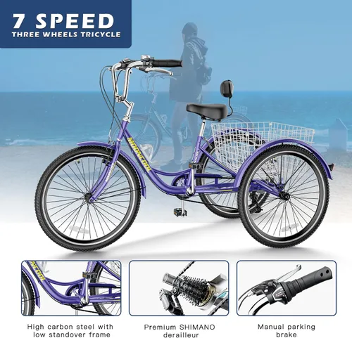 Vista 3 de Barbella Triciclos para adultos, 7 velocidades para adultos, bicicletas de 3 ruedas de 20/24/26 pulgadas, bicicleta de crucero con cesta