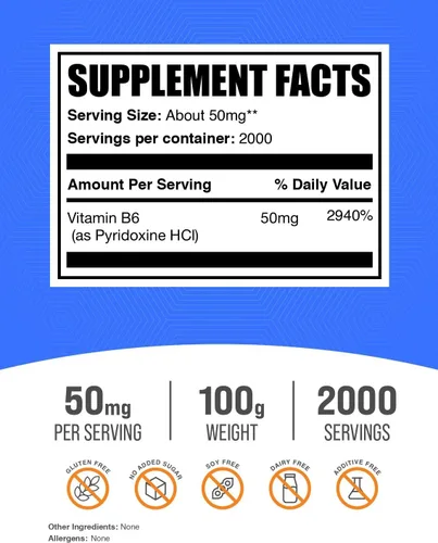 Vista 2 de BulkSupplements. com Pyridoxine HCl Powder - Suplemento de vitamina B6, suplemento vitamínico - Sin gluten, 50 mg de piridoxina B6 por porción, 100