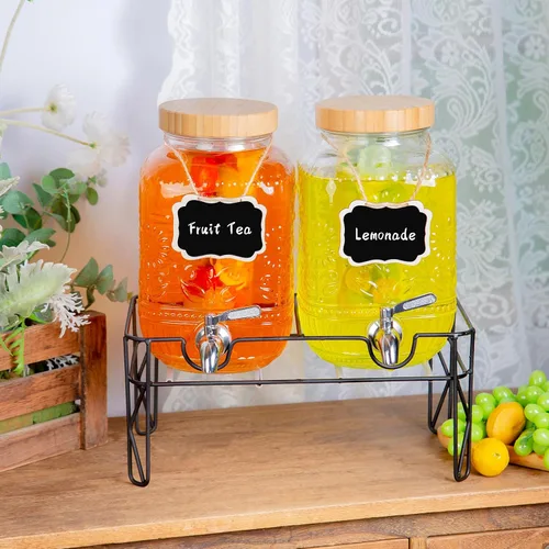 Vista 5 de Paquete de 2 dispensadores de bebidas de vidrio de 1 galón para fiestas, dispensador de bebidas con espita de acero inoxidable a prueba de fugas