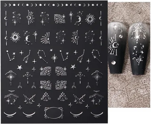 Vista 9 de Calcomanías de uñas metálicas plateadas 3D – Calcomanías de uñas para mujer, diseño de estrellas, luna y sol, decoración de mariposas y bohemio