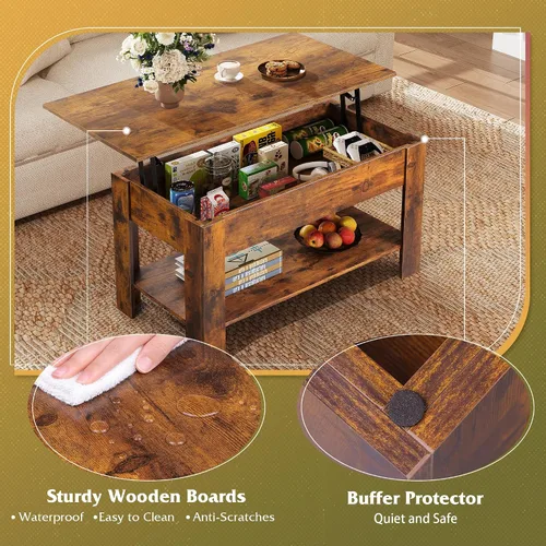 Vista 6 de WLIVE Mesa de Centro, Mesa de Centro de 39" con Tapa Elevable y Compartimento Oculto, Estante de Almacenamiento y Tapa Elevable para Hogar, Sala