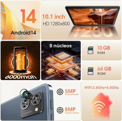 Vista 2 de Tabletas Android DigiLand 2025, tableta Android 14 de 10.1 pulgadas, procesador Octa Core, 10 GB + 64 GB (expansión de 256 GB), 800 x 1280 IPS