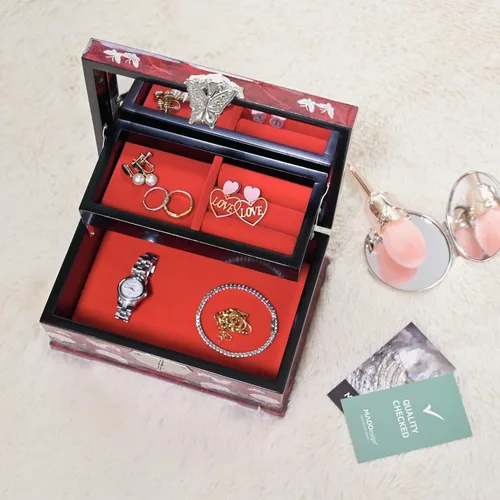 Vista 5 de MADDesign Mother of Pearl Joyero Anillo Espejo Tapa 2 Nivel Pavo Real Rojo