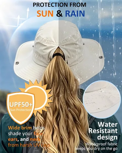 Vista 3 de Sombrero de sol para mujer con agujero para cola de caballo, ala ancha, UPF 50+, impermeable, plegable, con correa para la barbilla, para Blanco