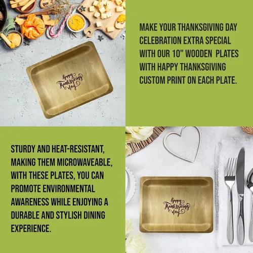 Vista 4 de Platos de madera de 10 pulgadas con impresión personalizada "Happy Thanksgiving", paquete de 25