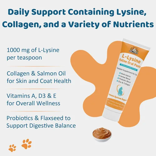 Vista 3 de L-Lisina para Gatos Pasta Oral – Apoyo Inmune y Respiratorio para Felinos – con Colágeno, Zinc, Multivitaminas y Probióticos – Sabor Natural