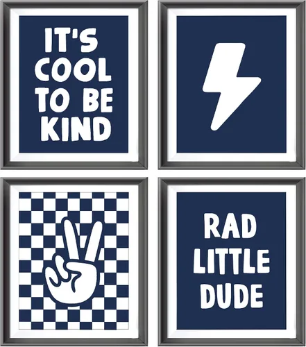 Vista 10 de Cartel de mano retro a cuadros negros y blancos preppy relámpago de la paz para decoración de habitación de niños, decoración divertida de Rad