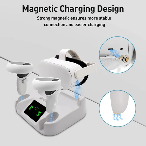 Vista 4 de Estación de carga VR para Oculus Quest 2Meta Quest 2, base de carga magnética Ysokk con 2 baterías recargablescargador USB-C y cable