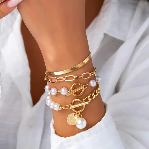Vista 6 de NUTNET Conjunto de 4 piezas Sweet Cool Multi Retrato Imitación Perla Pulsera Set Cadena Personalizada Mujer Handwear, Gema, Cobre