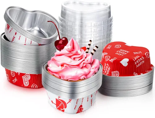 Vista 10 de Honeydak 100 juegos de moldes para hornear con forma de corazón, mini molde de aluminio de 3.4 onzas, lata desechable para cupcakes con tapas