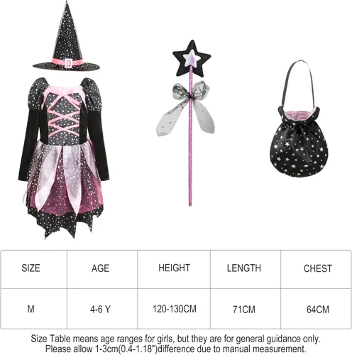 Vista 7 de Asmsdd Halloween Witch Costume for 4-7 Years Girls Cute Witch Cosplay Dress Set for Halloween Kids Dress-Up Party