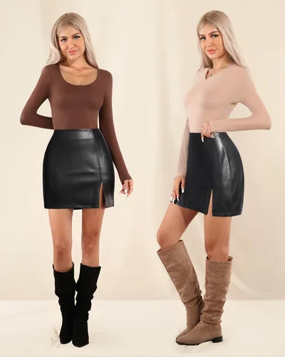 Vista 5 de MANGOPOP Womens High Waist Bodycon Mini Short Faux Leather Skirt with Slit