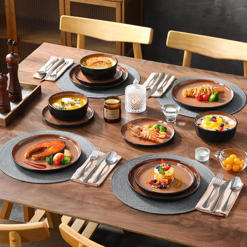 Vista 7 de vancasso Juego de platos y cuencos, juego de vajilla de gres de 18 piezas para 6, juego de platos de cocina de gres apto para microondas y Marrón