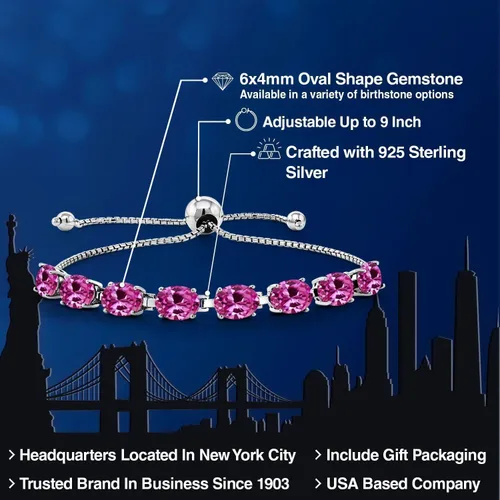 Vista 208 de Gem Stone King Pulsera de plata de ley 925 con piedra natal ovalada de 0.276 x 0.197 in para mujer, totalmente ajustable hasta 9 pulgadas