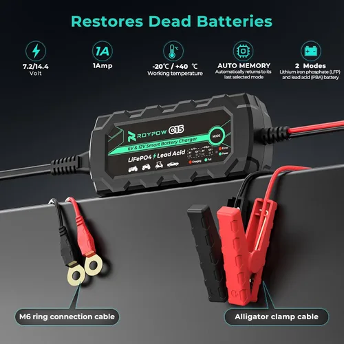 Vista 6 de Cargador de batería de litio de 6V/12V 1A, cargadores de batería inteligentes RoyPow 1A, cargadores automáticos de batería de goteo, mantenedor