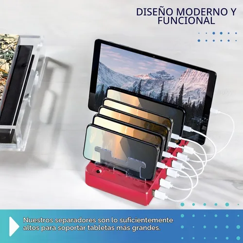 Vista 8 de Estación de carga para múltiples dispositivos – Base de carga USB de 6 puertos para Apple y Android – Organizador de carga múltiple rápida