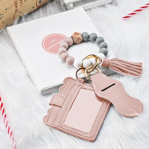 Vista 3 de Pulsera de pulsera para mujer, llavero con cuentas de silicona, llavero con borla