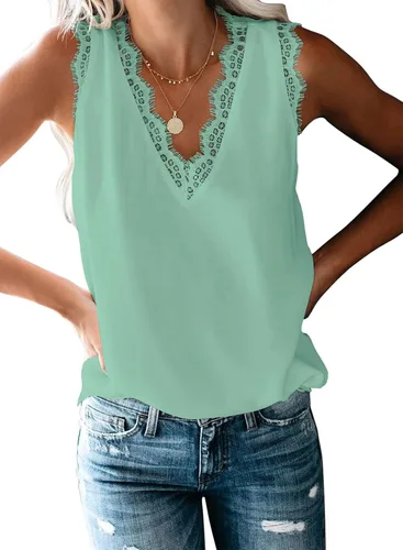 Vista 103 de VIISHOW - Camiseta sin mangas, sexy, con cuello en V y bordes de encaje para mujer, camisola de vestir, camisas de gasa, sin mangas, casuales