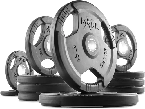 Vista 19 de XMARK TRI-GRIP - Par o juego de discos de peso olímpicos, pesas de ejercicio con revestimiento de goma para barra olímpica, juego de pesas de 01)