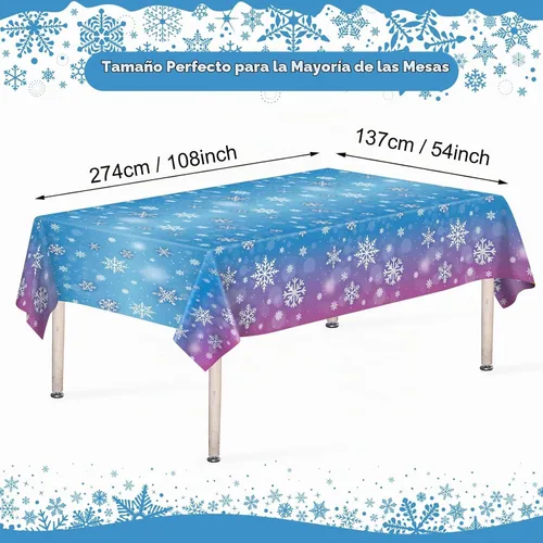 Vista 3 de 3 manteles de invierno con copos de nieve – Mantel de plástico de Frozen Wonderland desechable, rectangular, copos de nieve para suministros