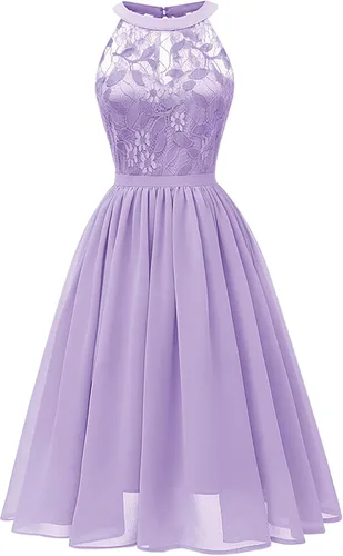 Vista 2 de Vestido de encaje con cuello halter para mujer, sin mangas, acampanado, vestido de cóctel de gasa, vintage, vestido de baile por debajo de la rodilla