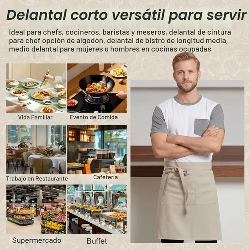 Vista 2 de Delantal de Servidor de Lino Cityelf de Algodón de Media Cocina con Bolsillos Grandes de Cintura de Cocina para Camarera